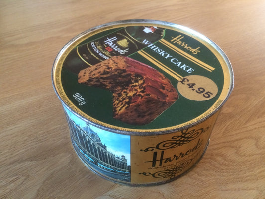 Vacuum-sealed tin of Harrods fruit cake