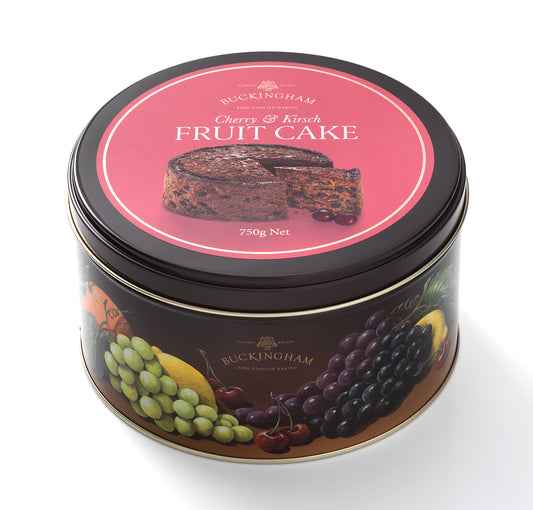 Exclusive gift tin of fruit cake flavoured with Kirsch.
